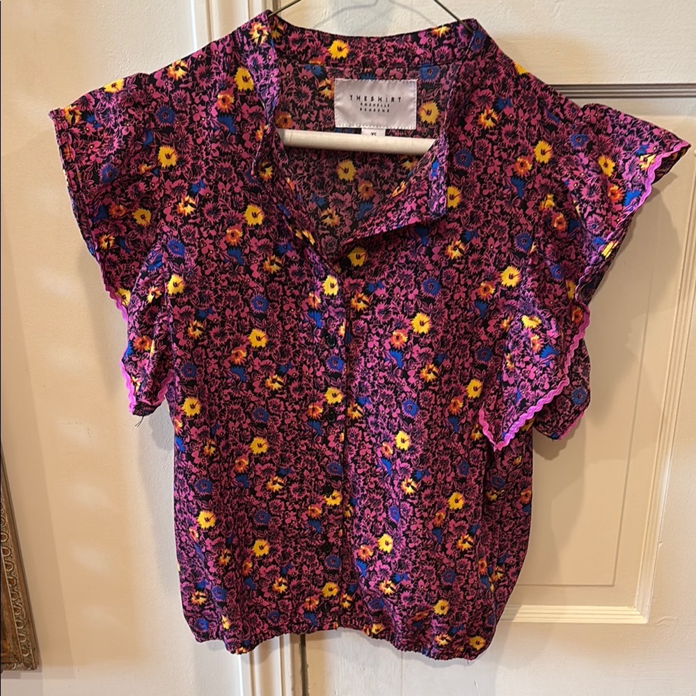 The Shirt by Rochelle Behrens Purple Flutter Sleeve Button Down